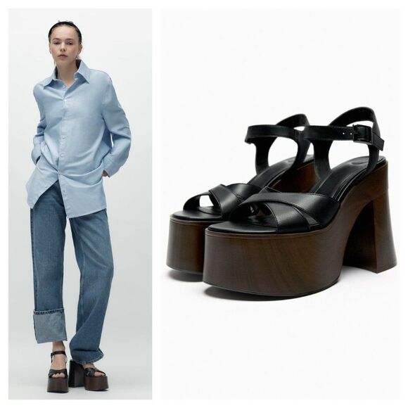 ZARA WOOD PLATFORM HEELS SANDALS - Picture 2 of 11